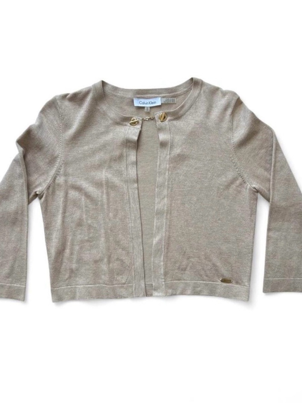 Calvin Klein Coquette Cropped Tan Cardigan w/ Gold Chain Toggle Detail